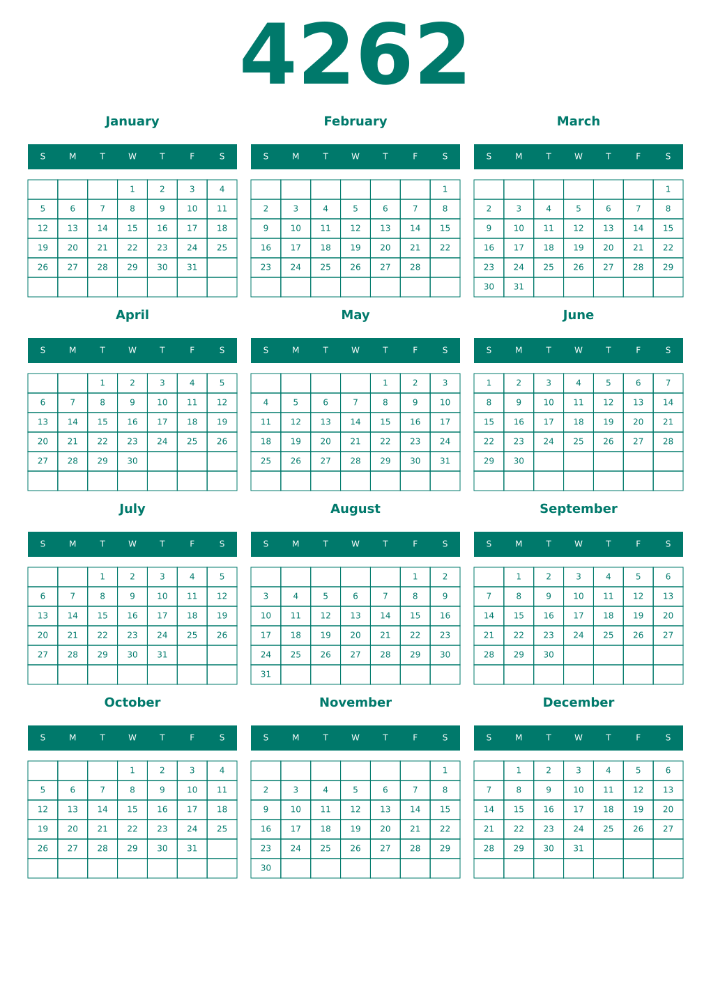 Printable 4262 Year Calendars pastel