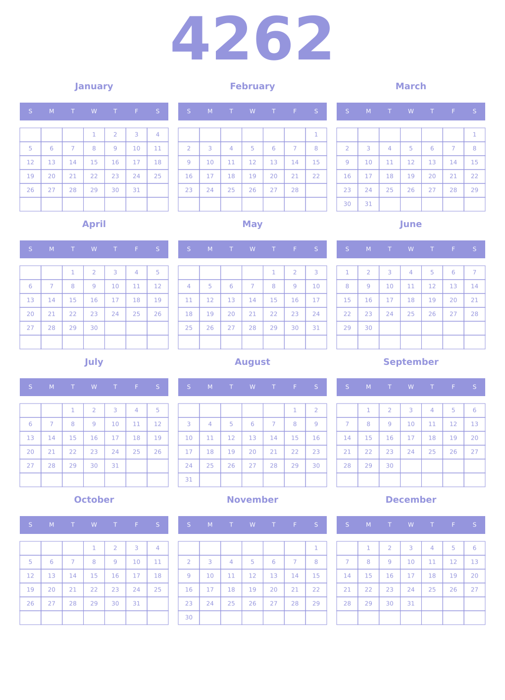 Printable 4262 Year Calendars periwinkle