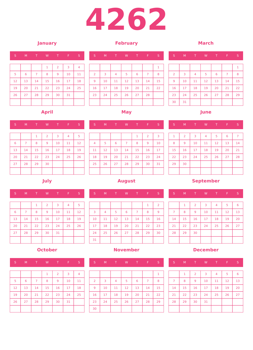 Printable 4262 Year Calendars pink