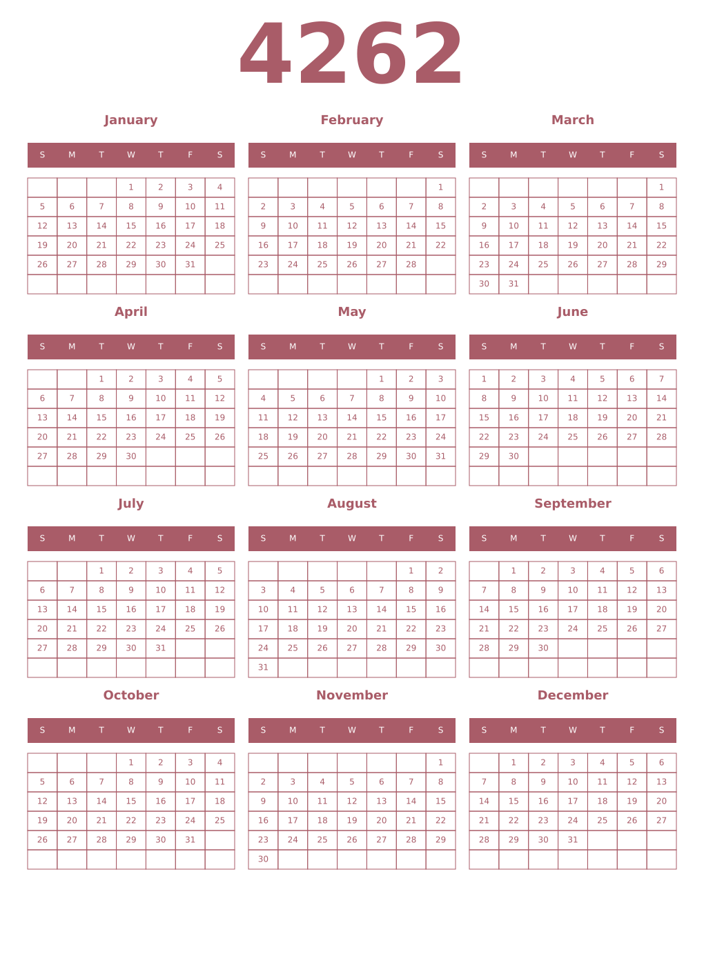 Printable 4262 Year Calendars puce