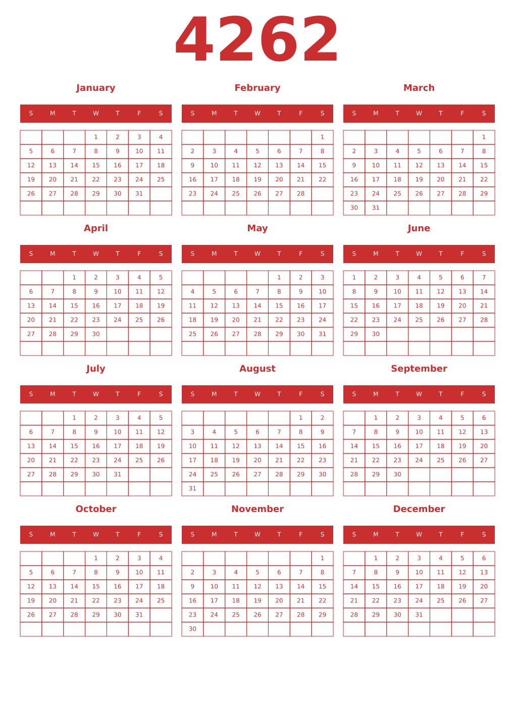 Printable 4262 Year Calendars red