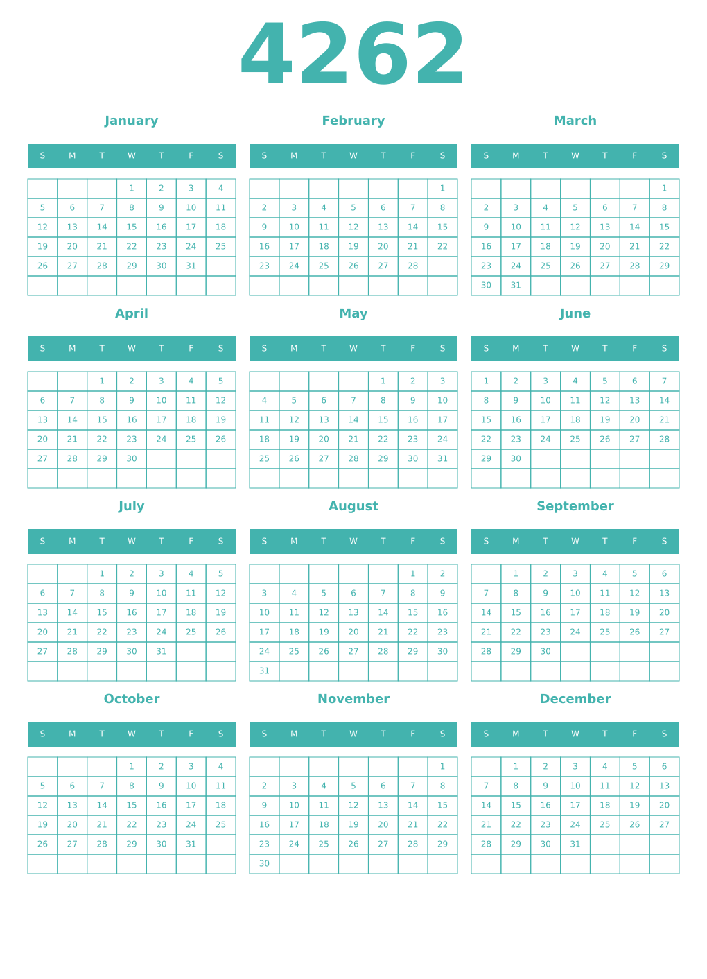 Printable 4262 Year Calendars verdigris