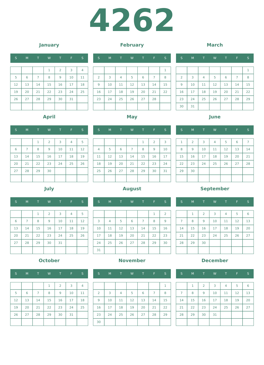 Printable 4262 Year Calendars viridian