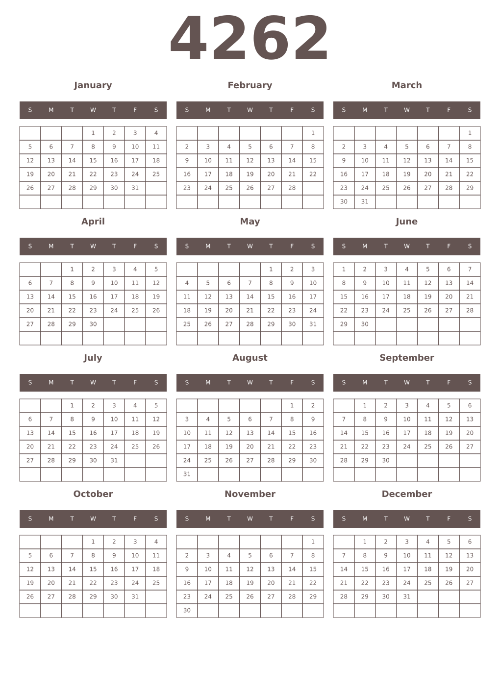 Printable 4262 Year Calendars wenge