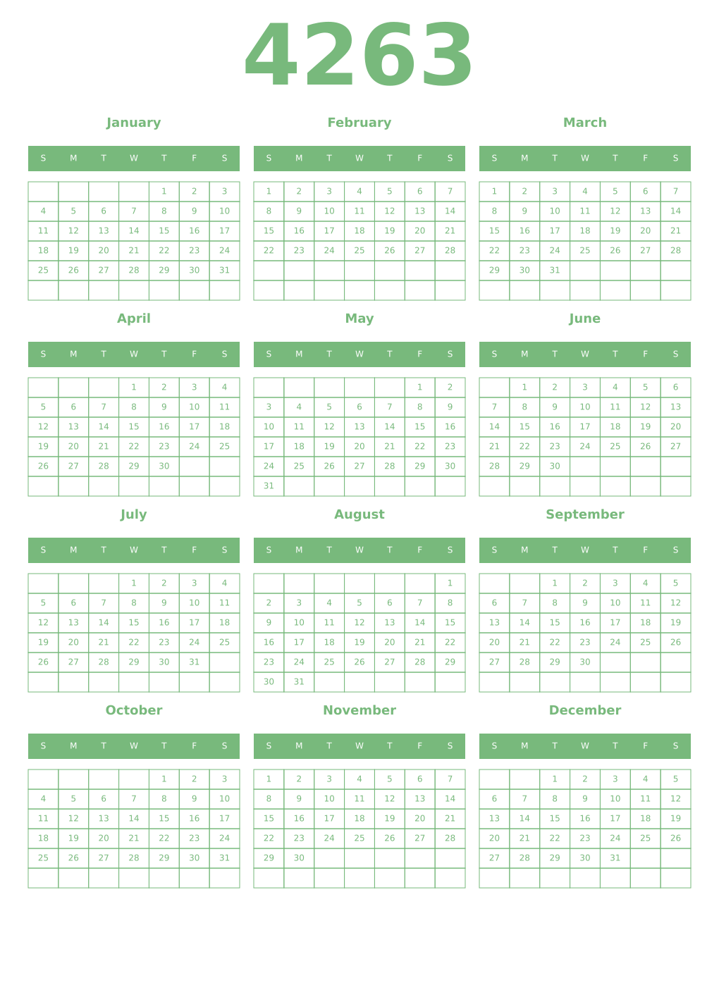 Printable 4263 Year Calendars celadon