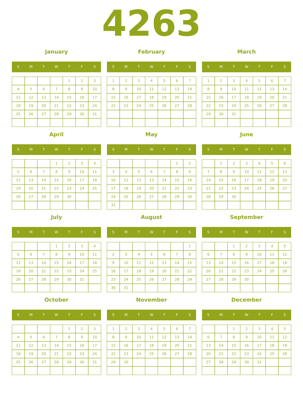 Printable 4263 Year Calendars chartreuse