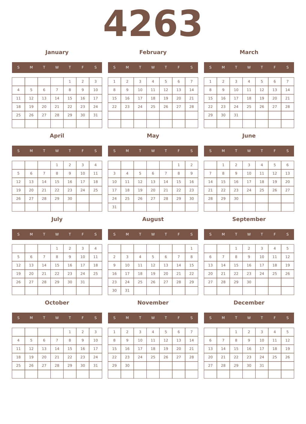 Printable 4263 Year Calendars coffe