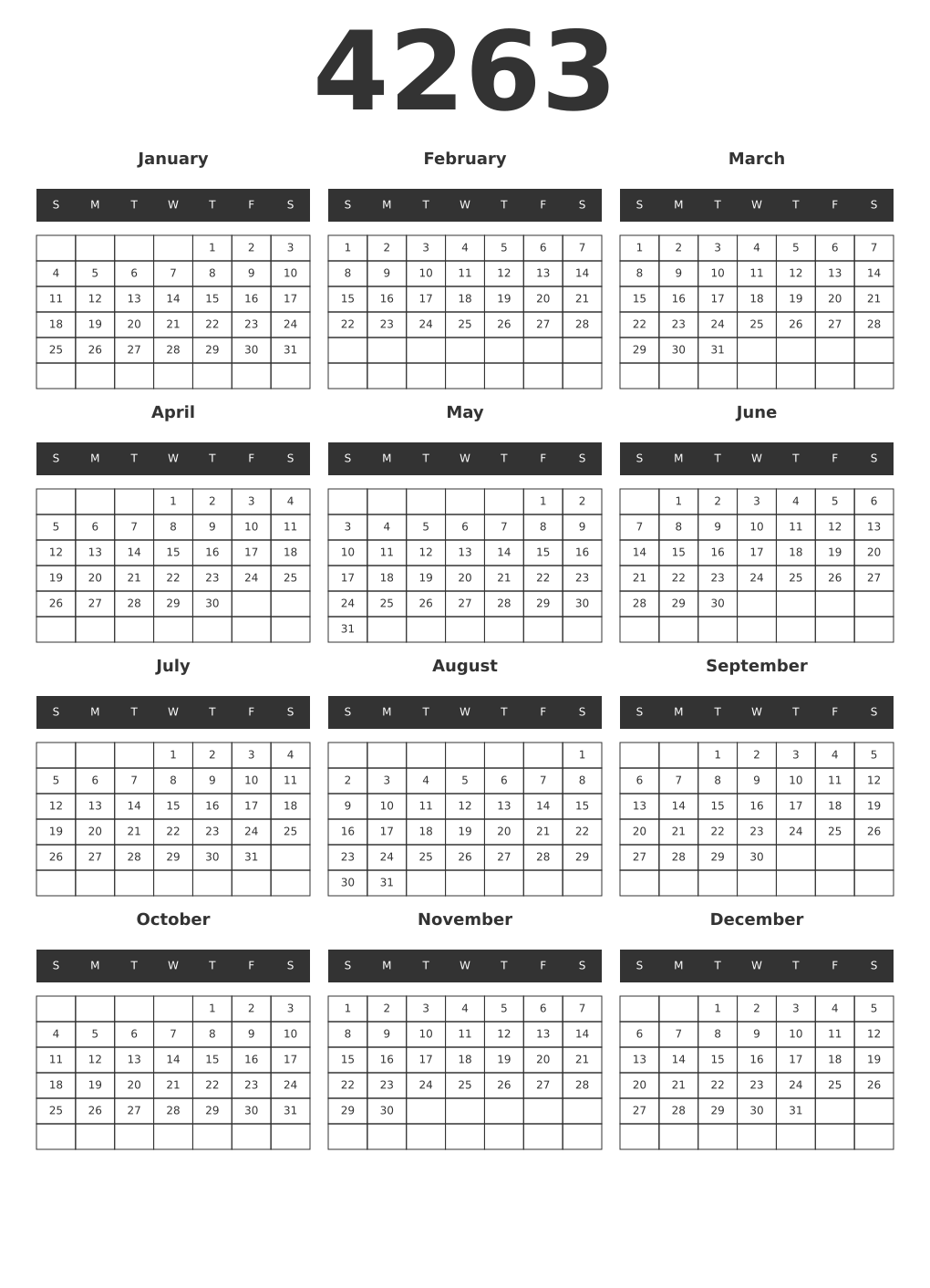 Printable 4263 Year Calendars dark