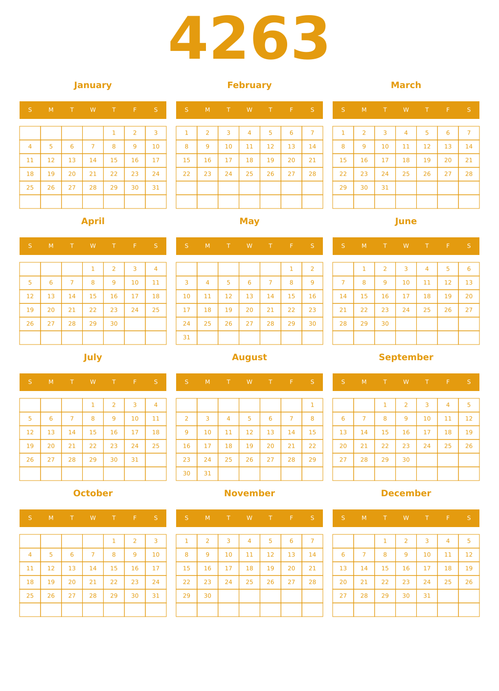 Printable 4263 Year Calendars gamboge