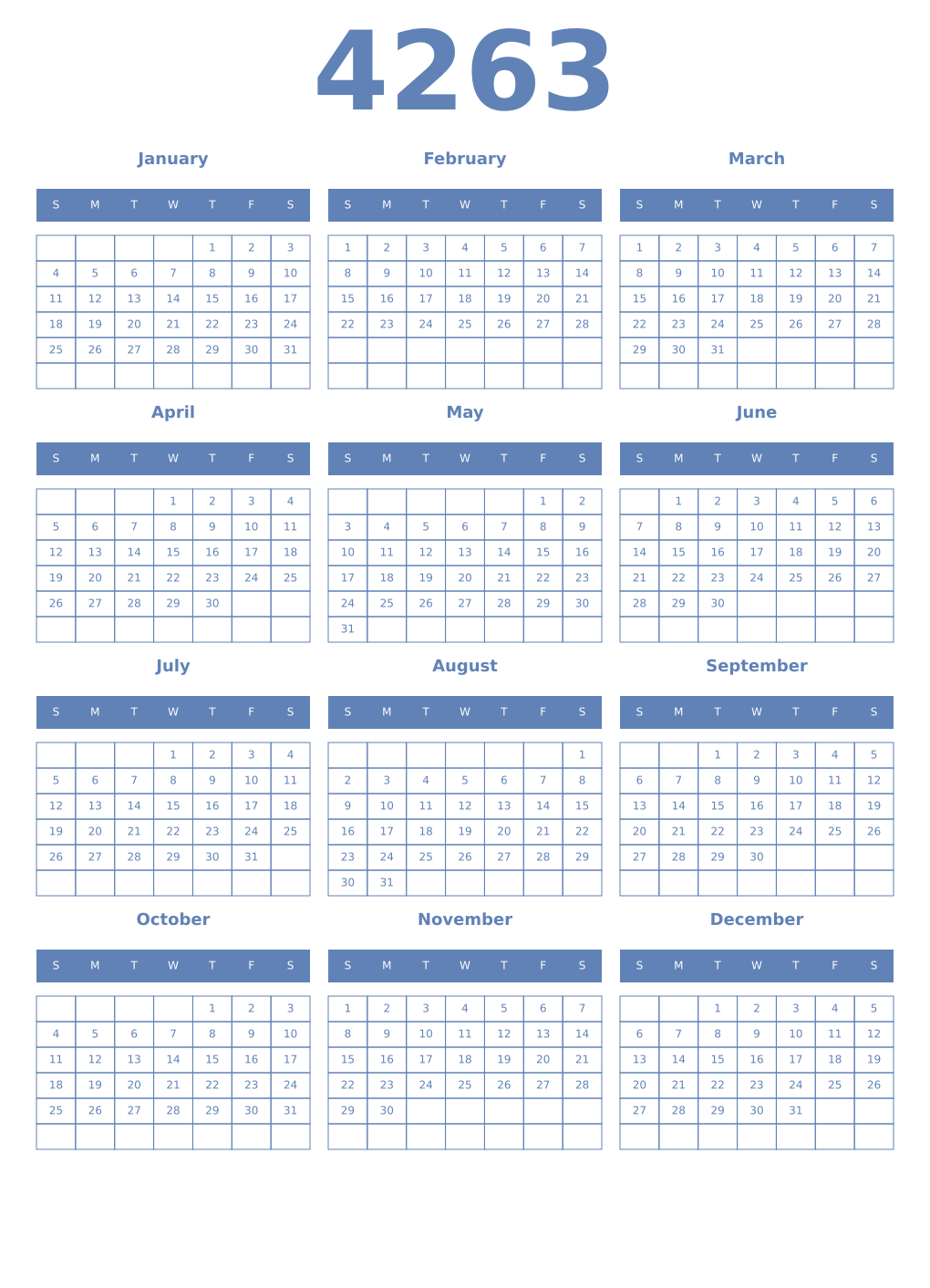 Printable 4263 Year Calendars glaucous