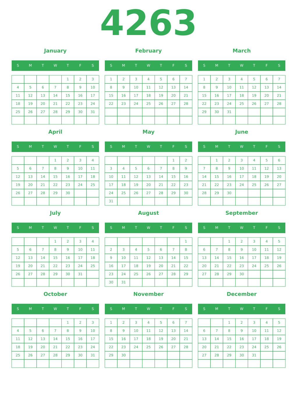 Printable 4263 Year Calendars green
