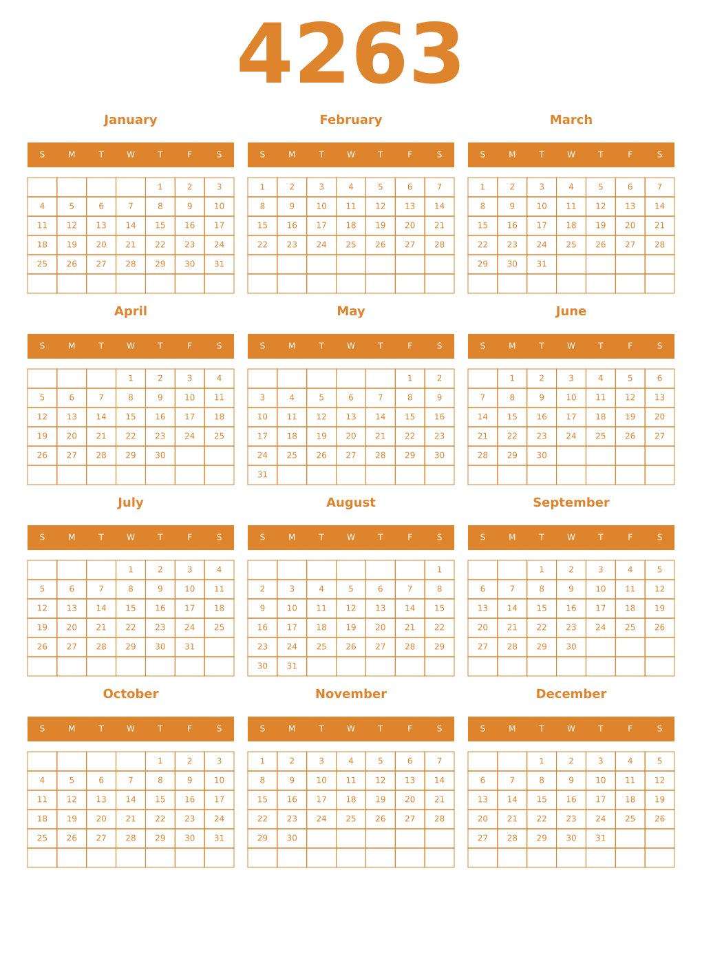 Printable 4263 Year Calendars orange