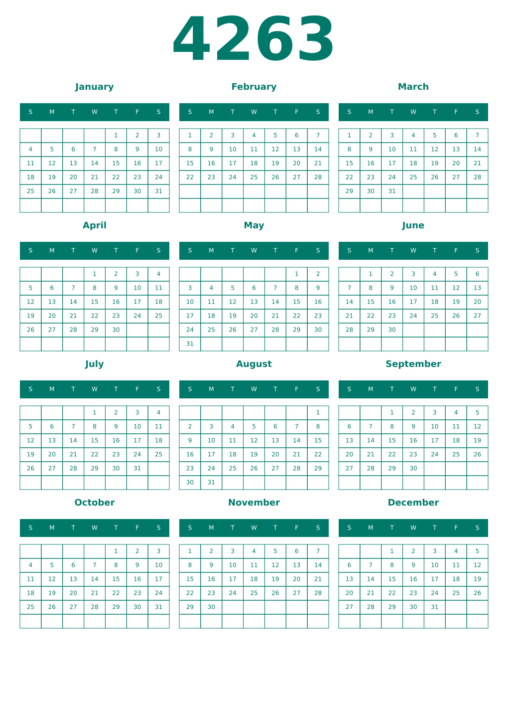 Printable 4263 Year Calendars pastel