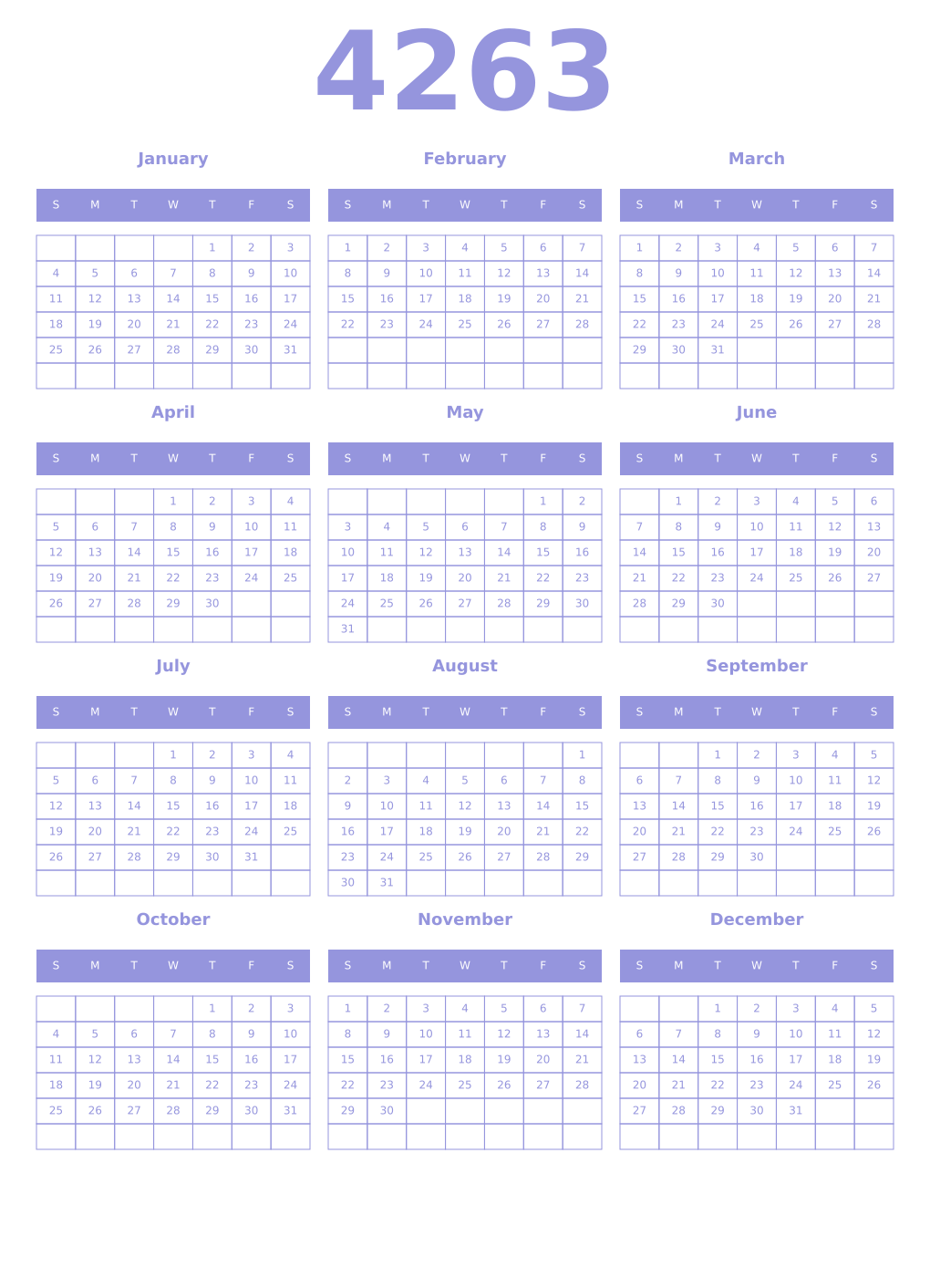 Printable 4263 Year Calendars periwinkle