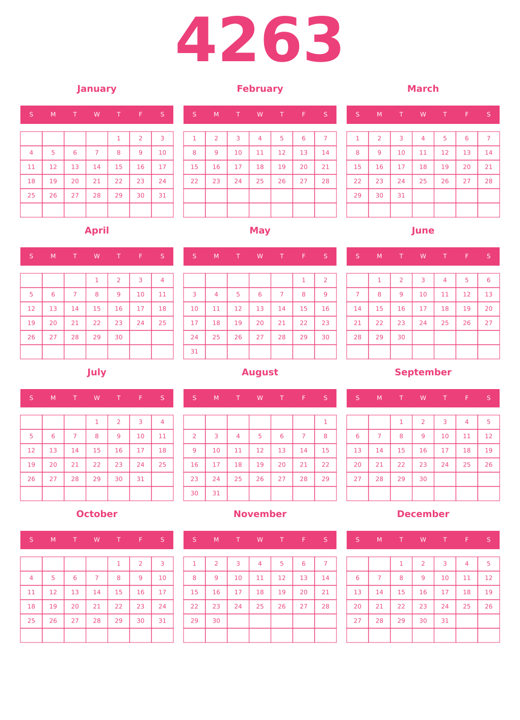 Printable 4263 Year Calendars pink