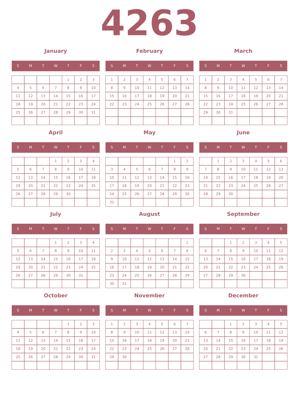 Printable 4263 Year Calendars puce