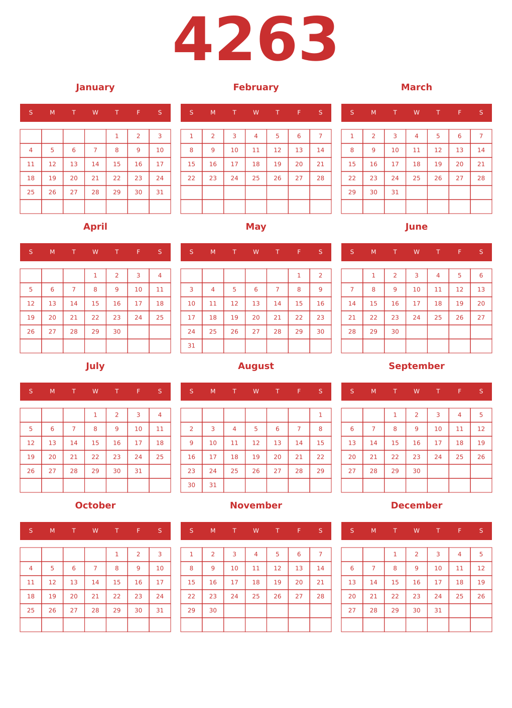 Printable 4263 Year Calendars red