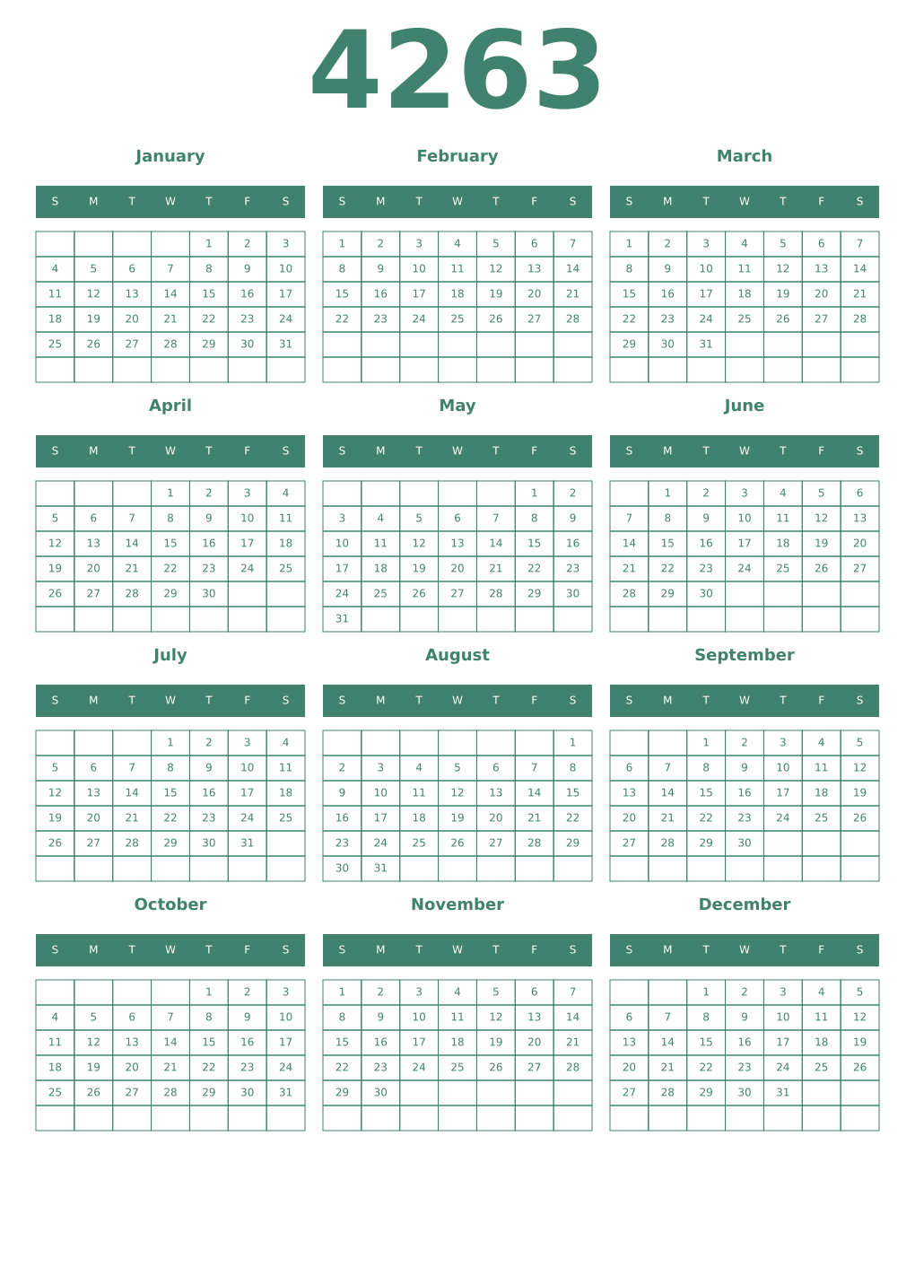 Printable 4263 Year Calendars viridian