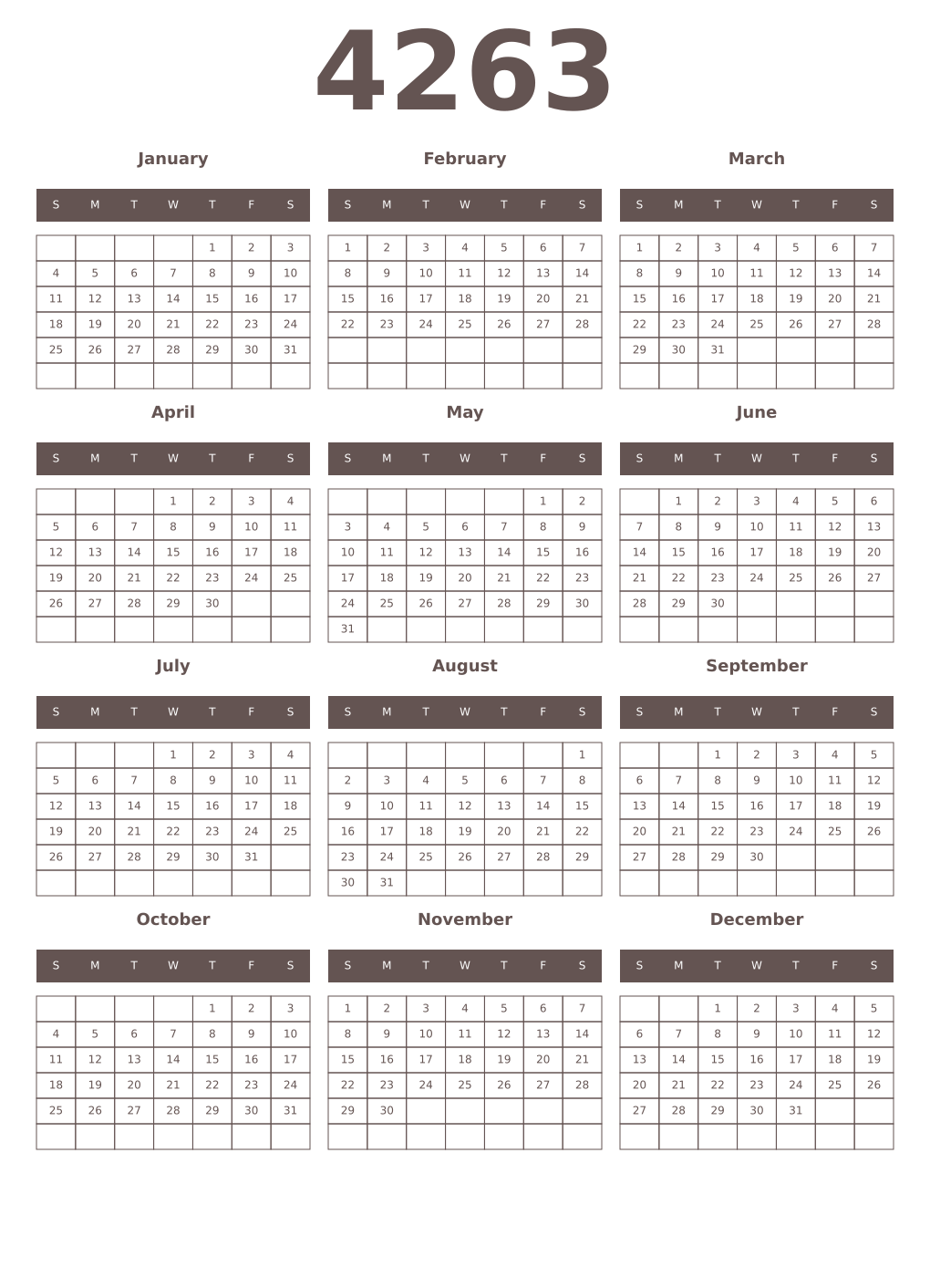 Printable 4263 Year Calendars wenge