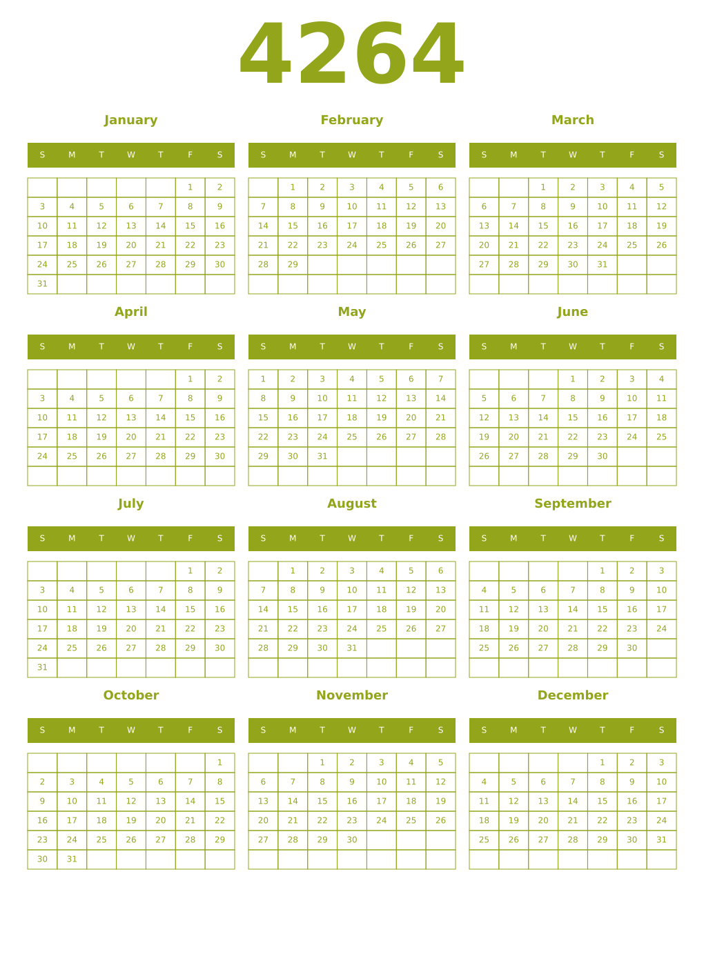 Printable 4264 Year Calendars chartreuse