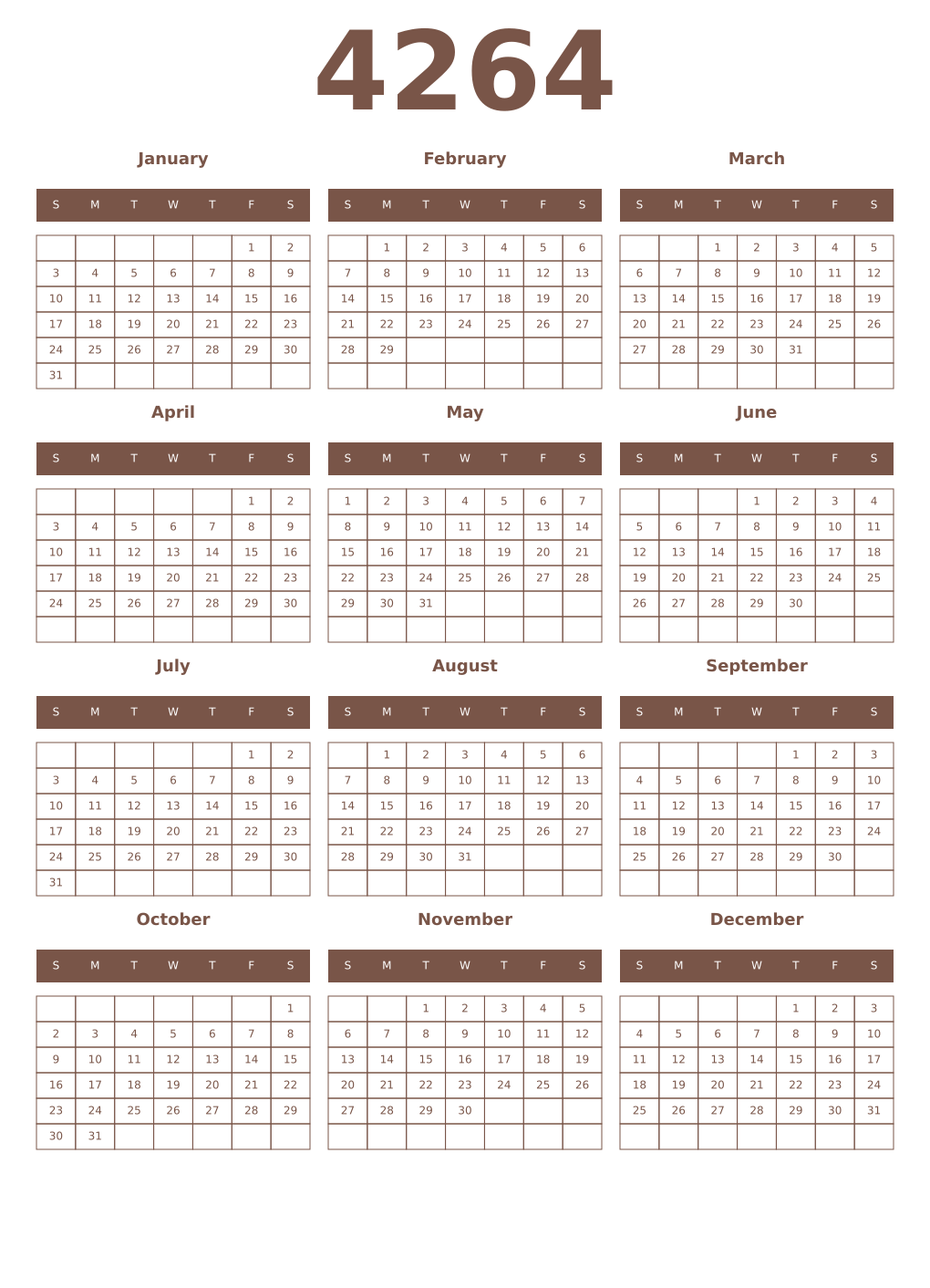 Printable 4264 Year Calendars coffe