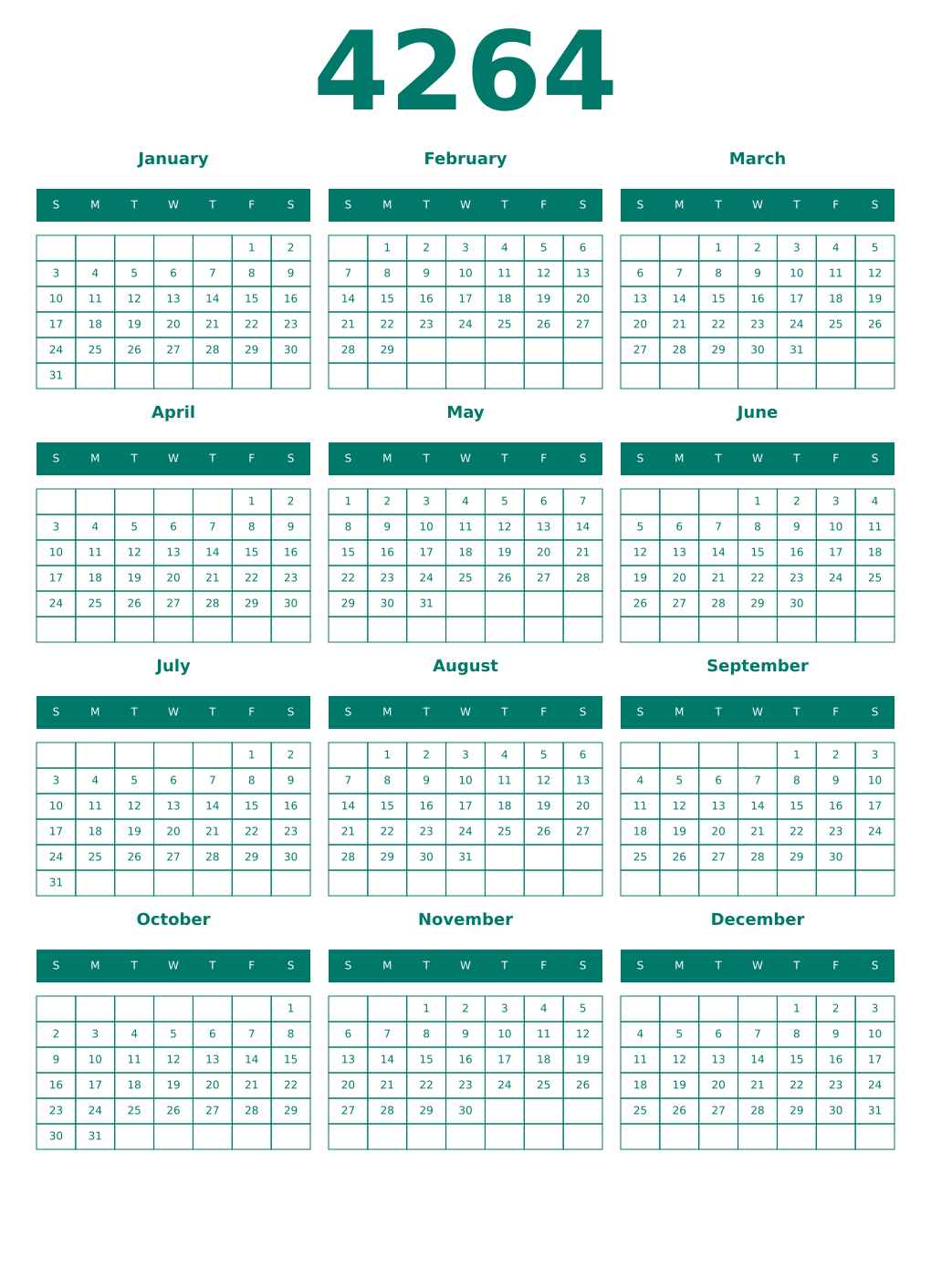 Printable 4264 Year Calendars pastel