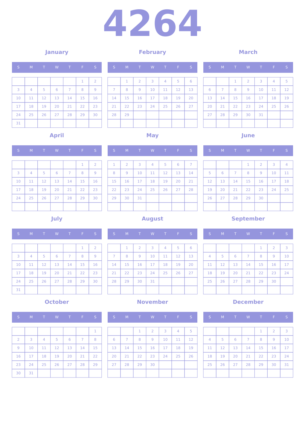 Printable 4264 Year Calendars periwinkle