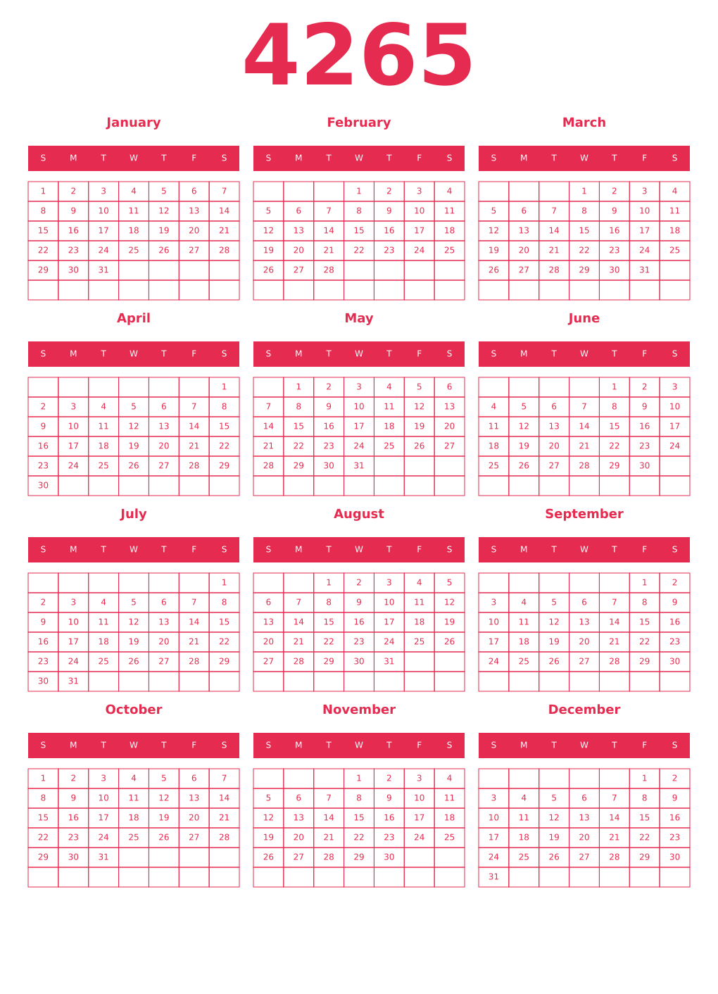 Printable 4265 Year Calendars amaranth