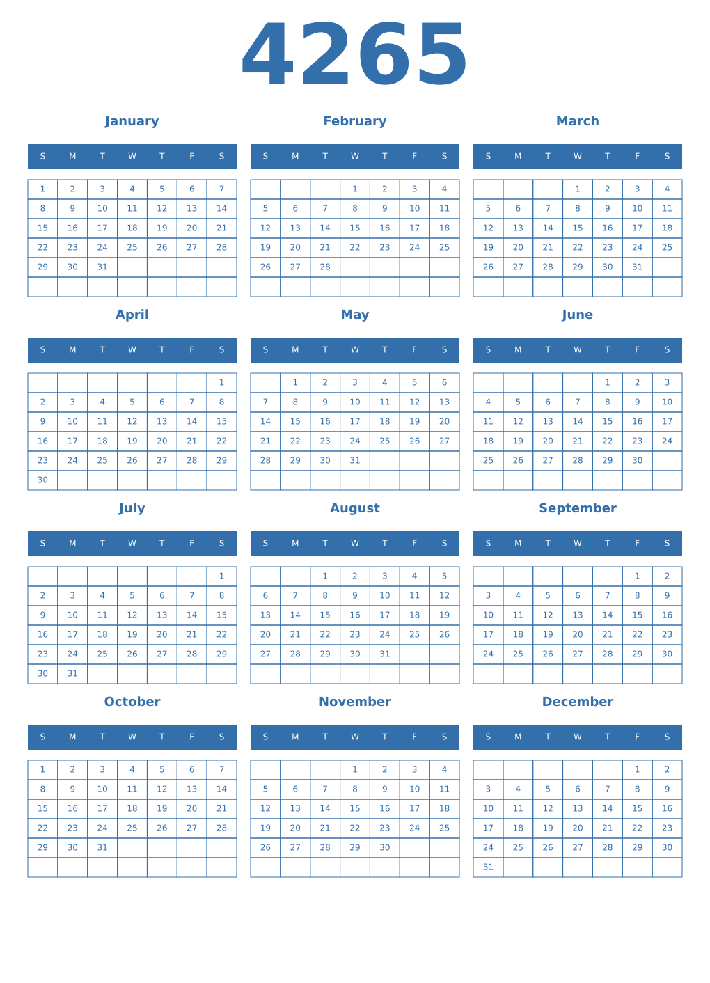 Printable 4265 Year Calendars blue