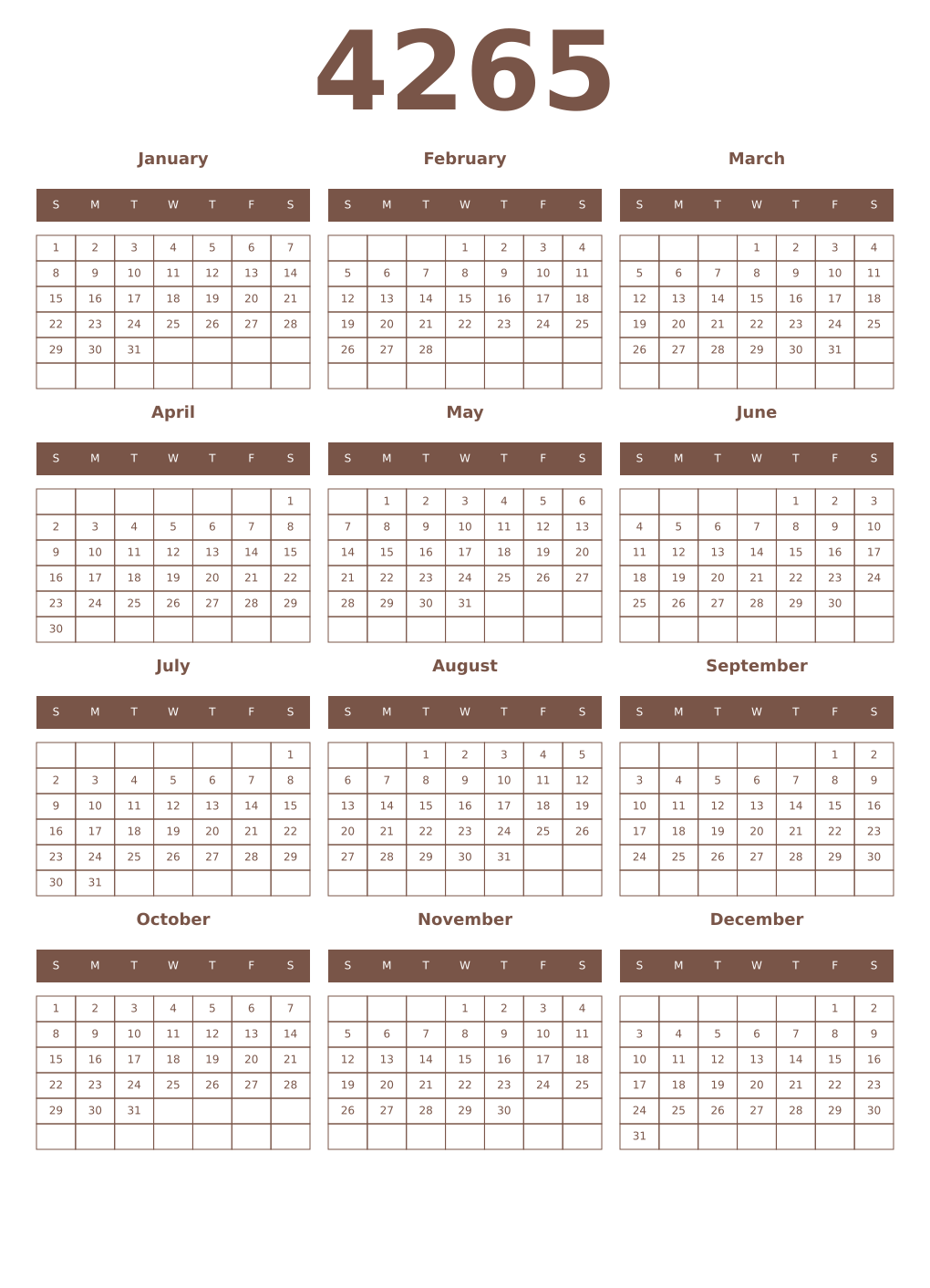 Printable 4265 Year Calendars coffe