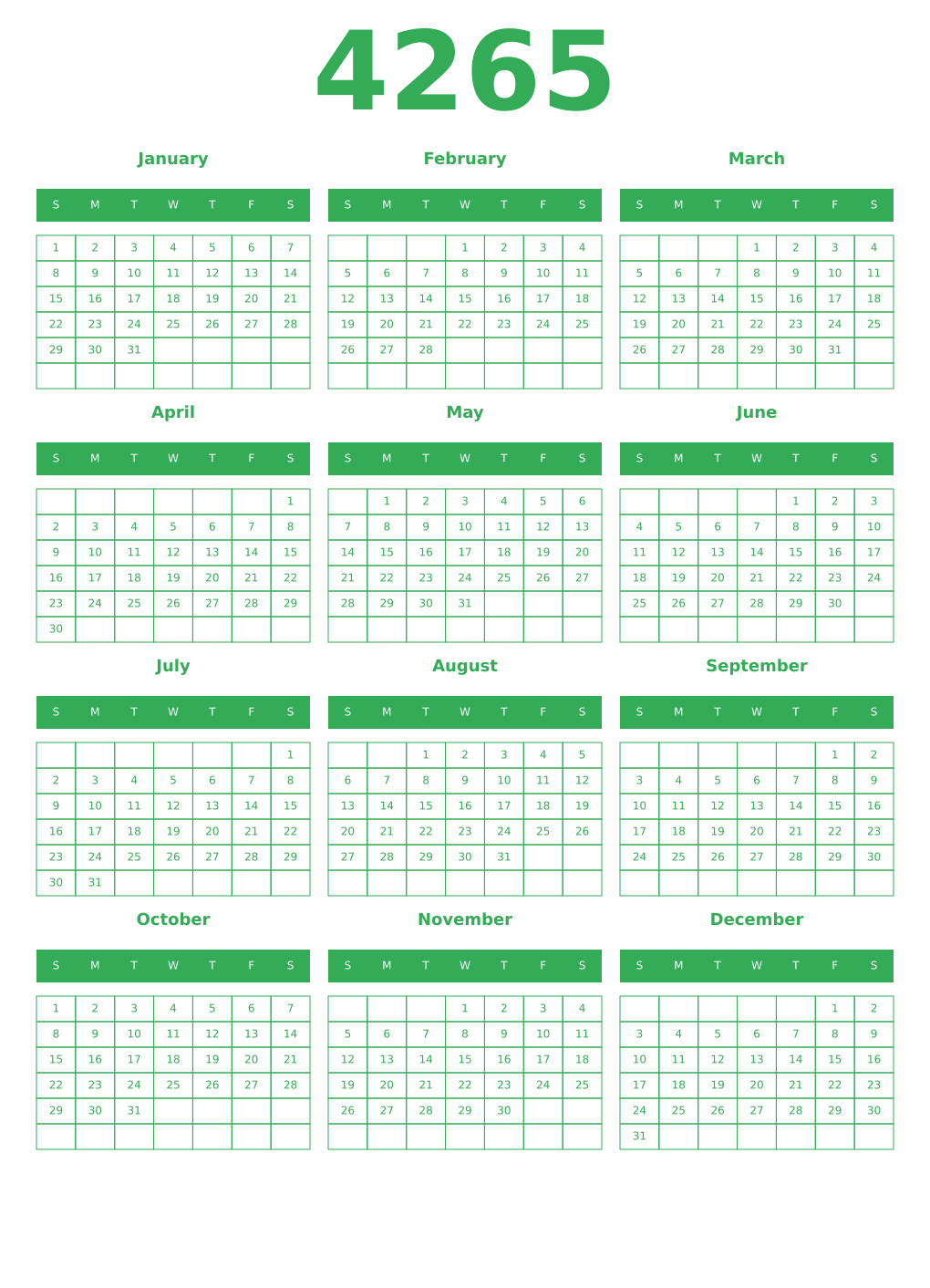 Printable 4265 Year Calendars green
