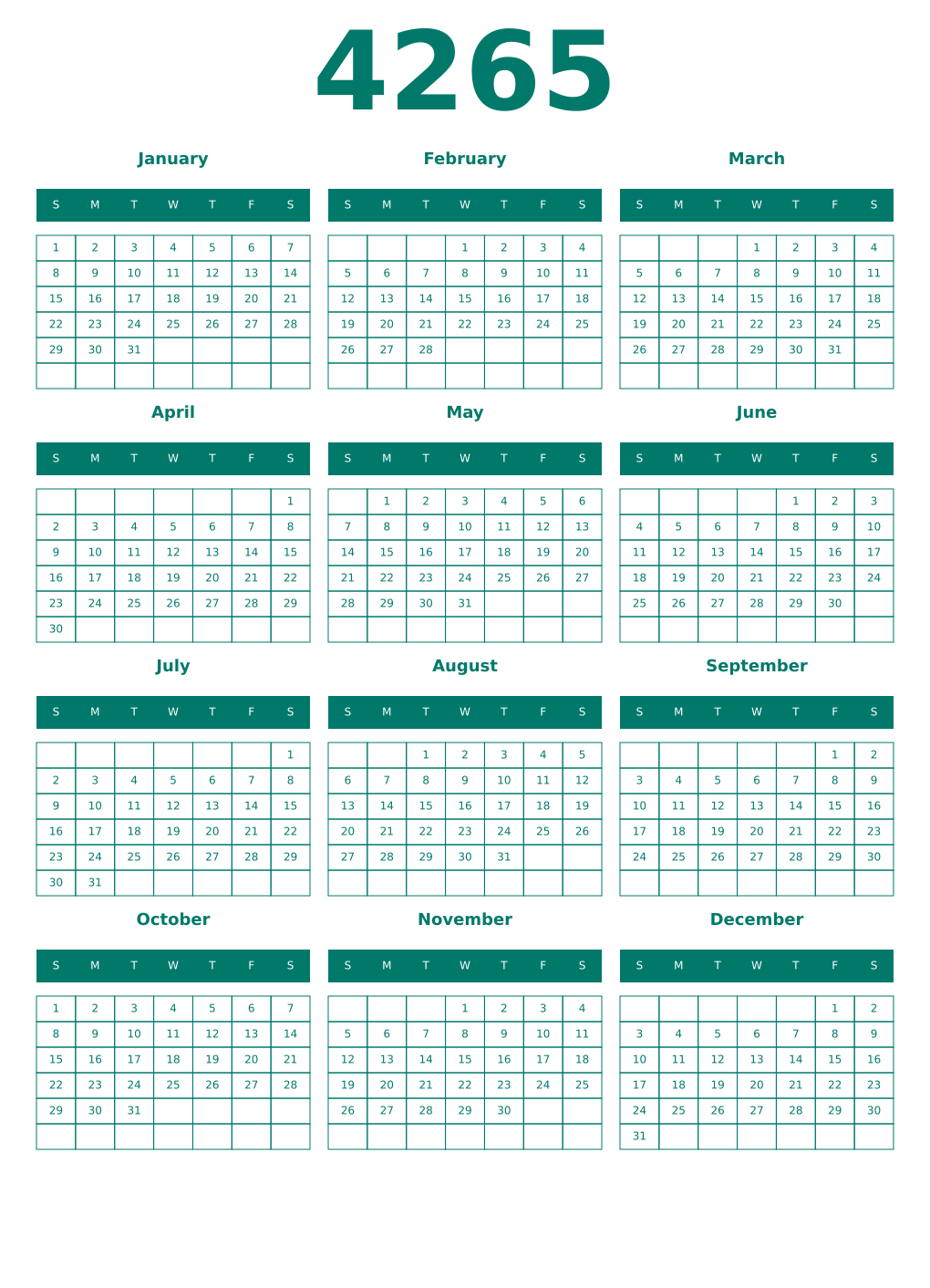 Printable 4265 Year Calendars pastel