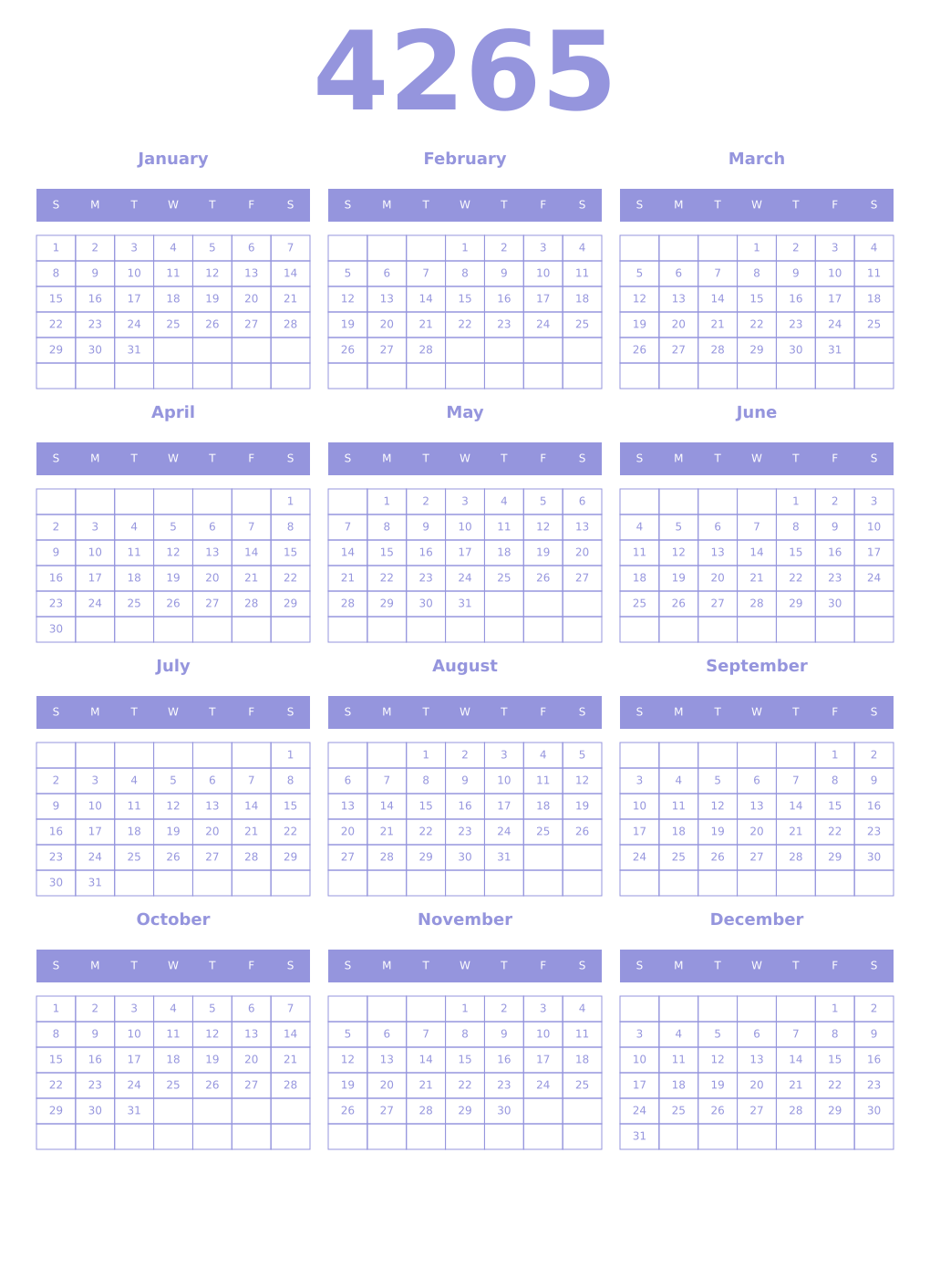 Printable 4265 Year Calendars periwinkle