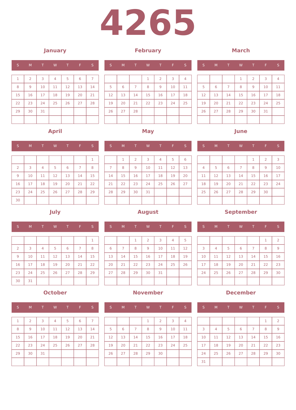 Printable 4265 Year Calendars puce