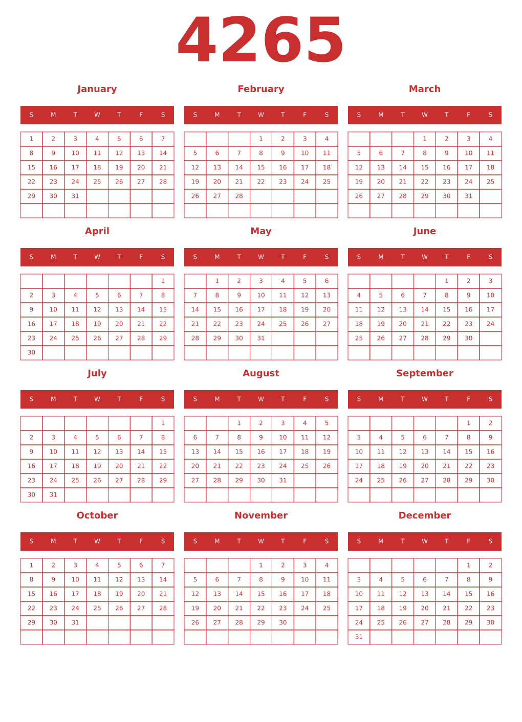 Printable 4265 Year Calendars red