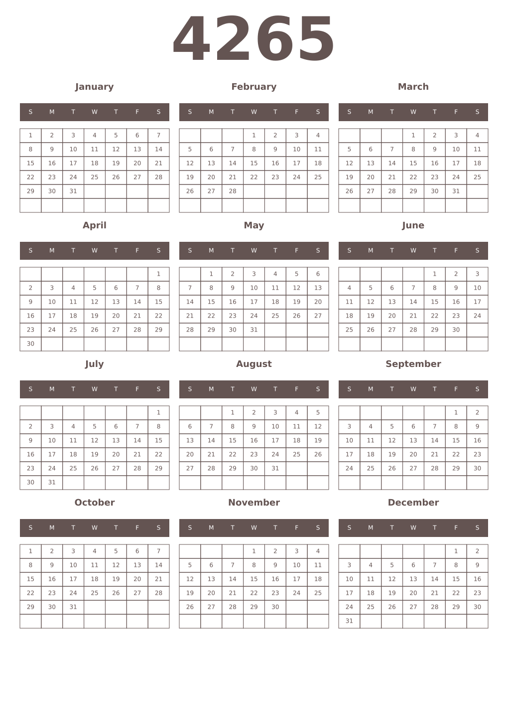 Printable 4265 Year Calendars wenge