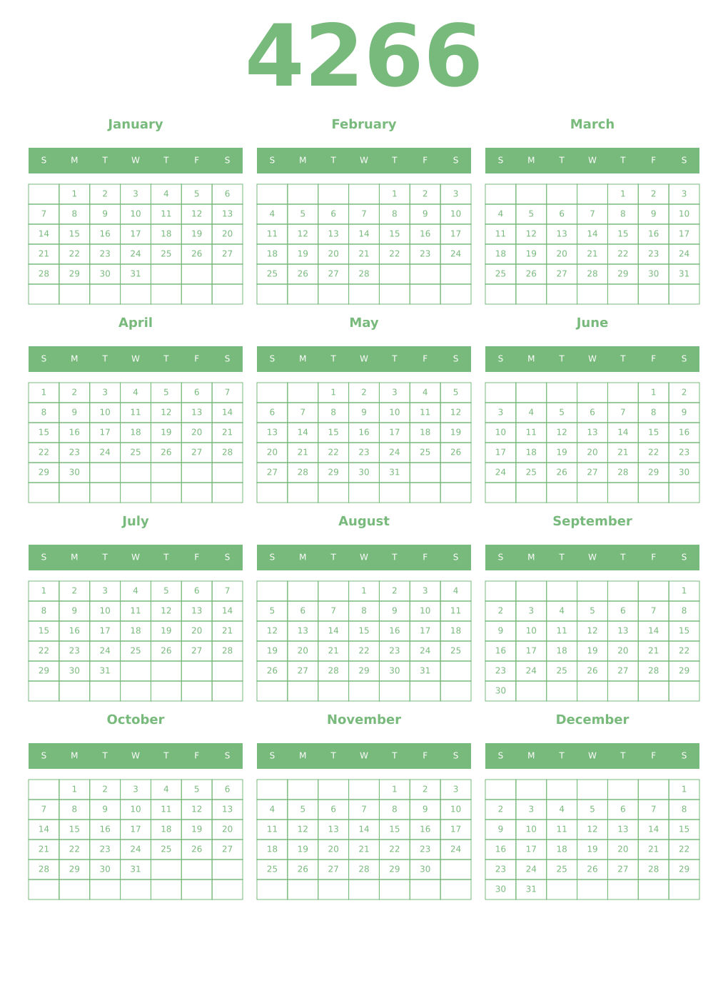Printable 4266 Year Calendars celadon