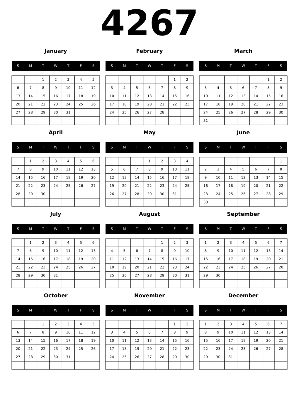 Printable 4267 Year Calendars black