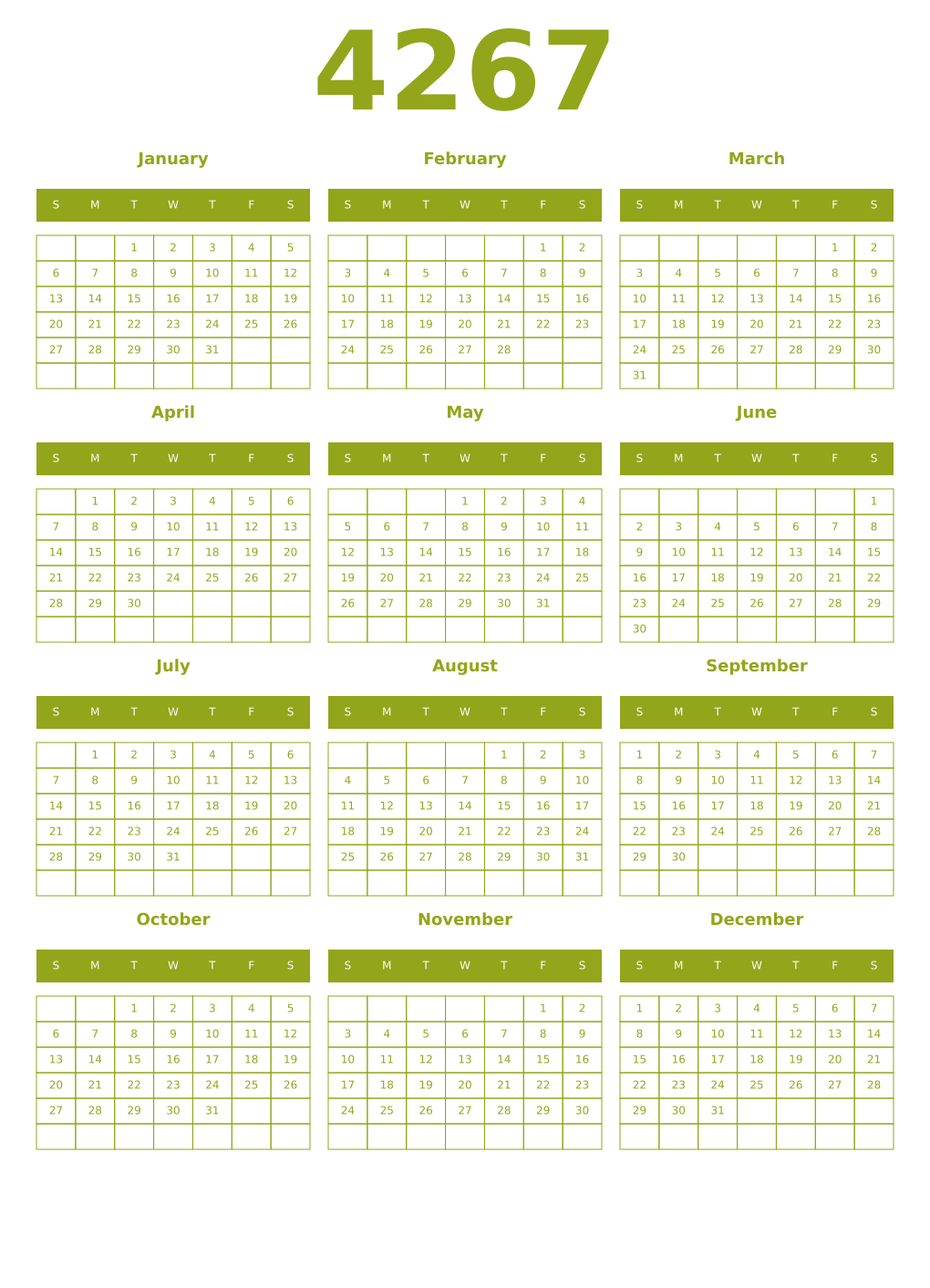Printable 4267 Year Calendars chartreuse