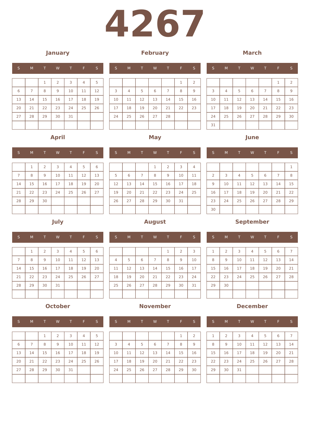 Printable 4267 Year Calendars coffe