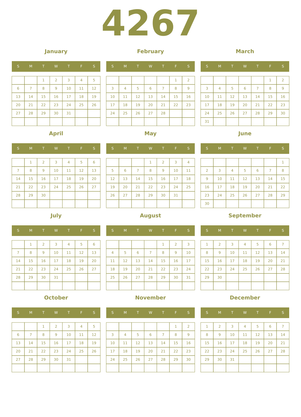Printable 4267 Year Calendars eburnean