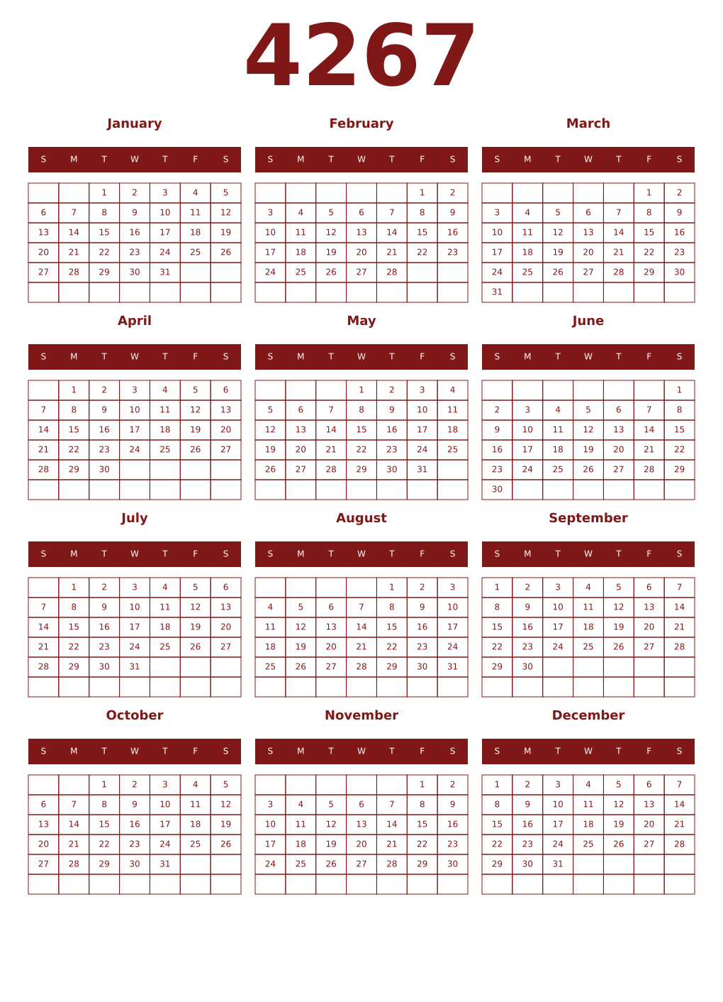 Printable 4267 Year Calendars falu