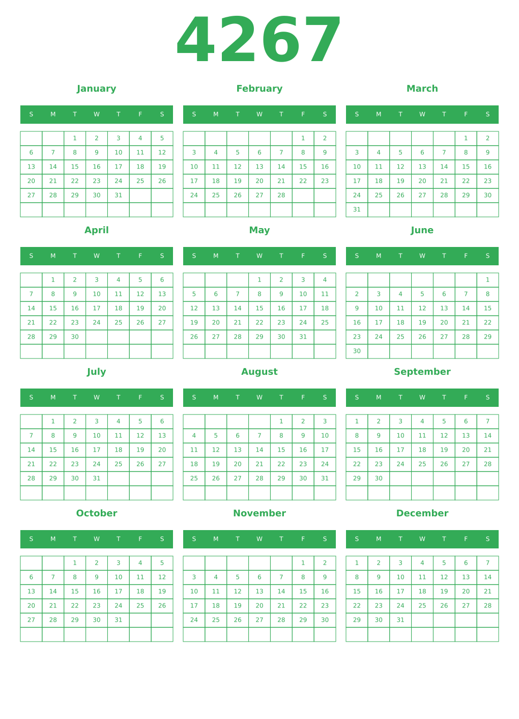 Printable 4267 Year Calendars green
