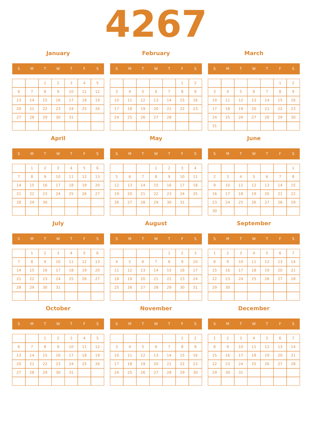 Printable 4267 Year Calendars orange