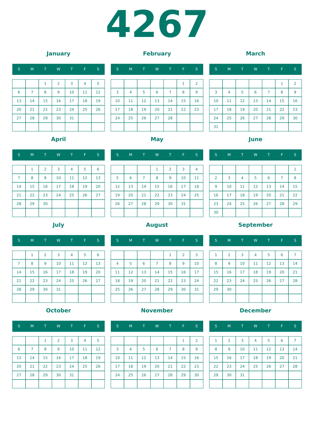 Printable 4267 Year Calendars pastel