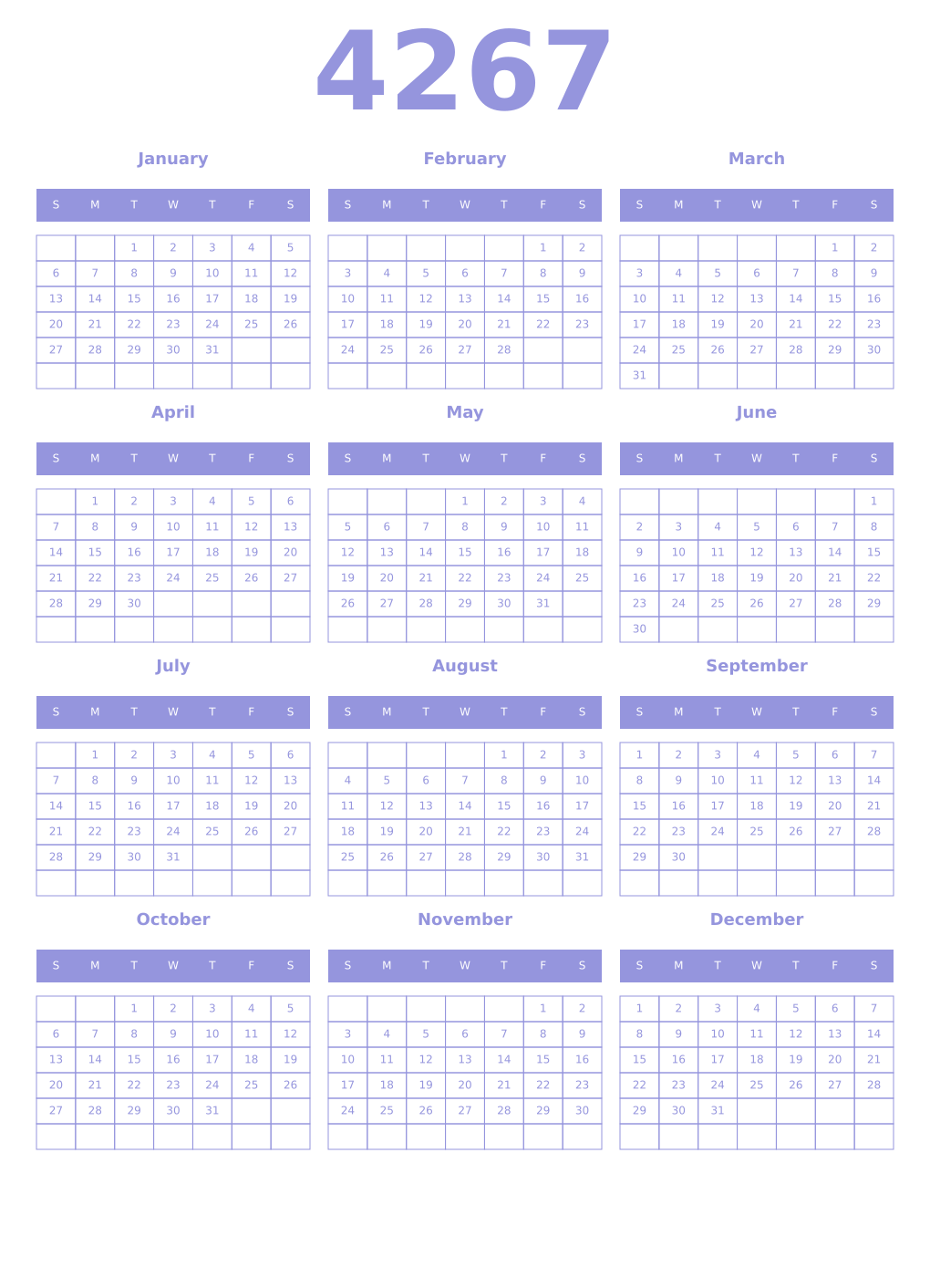 Printable 4267 Year Calendars periwinkle