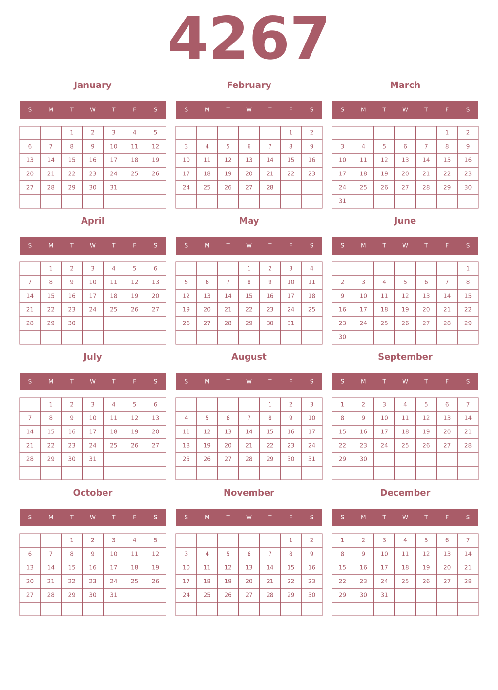 Printable 4267 Year Calendars puce