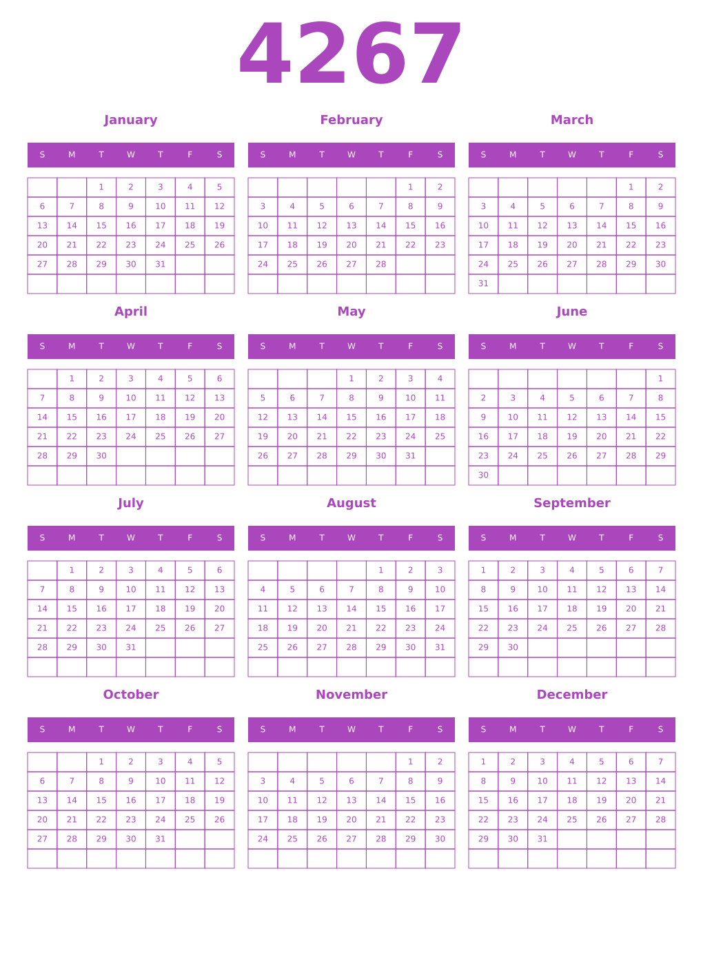 Printable 4267 Year Calendars purple