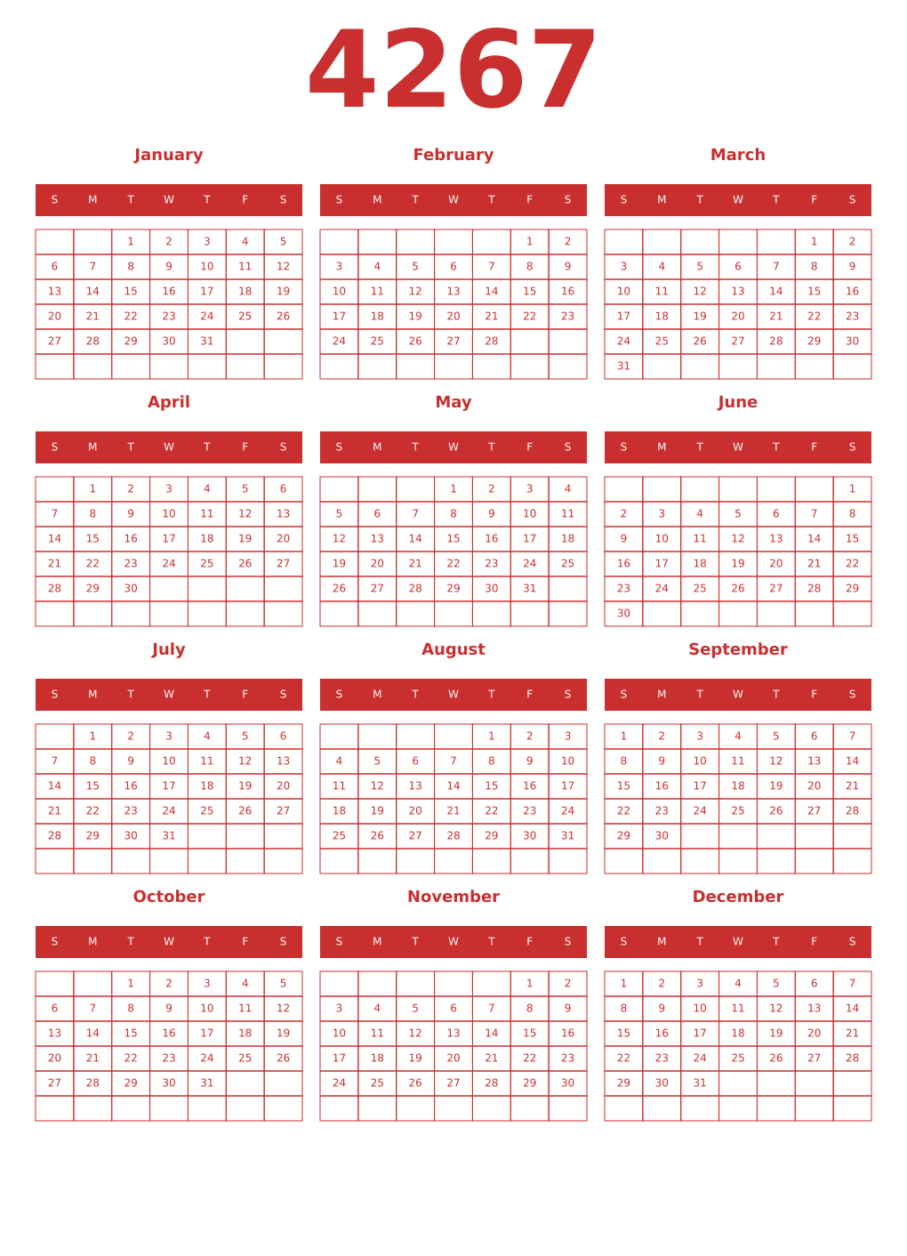 Printable 4267 Year Calendars red