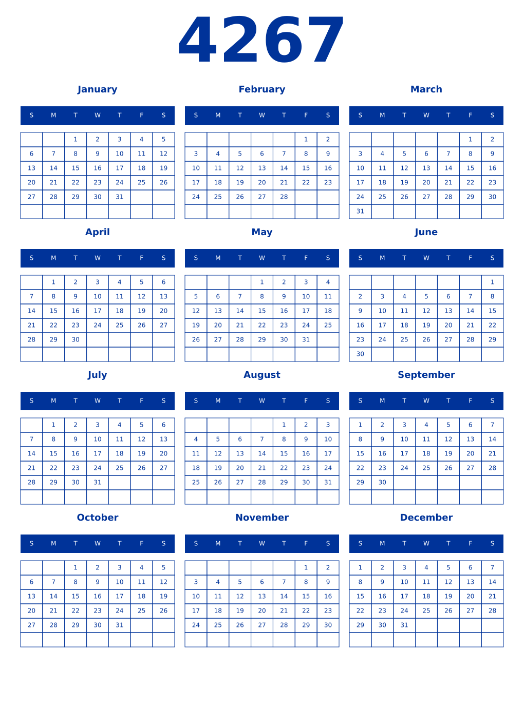 Printable 4267 Year Calendars smalt
